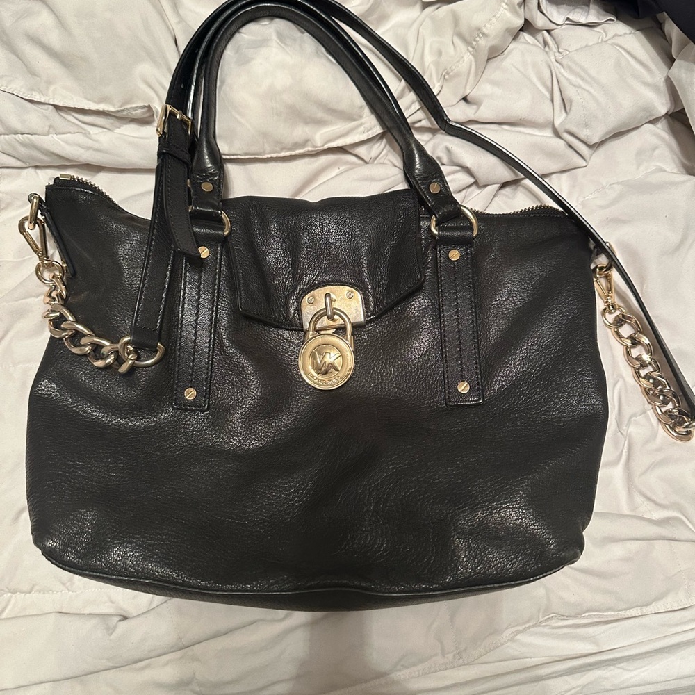 Michael kors black Leather Handbag with Gold Accents